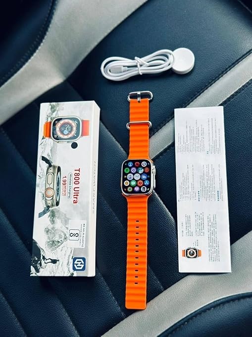 T800 Ultra Series Big 1.9.9inch Display Smart Watch with Bluetooth Calling, Voice Assistant &123 Sports Modes, 8 Unique UI Interactions, SpO2, 24/7 Heart Rate Tracking (Orange)